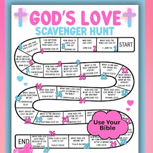 Peut inclure: Un jeu de chasse au trésor coloré avec le texte "God's Love" et divers versets bibliques. Le plateau de jeu présente un chemin sinueux avec des questions et des réponses numérotées, et des croix décoratives.