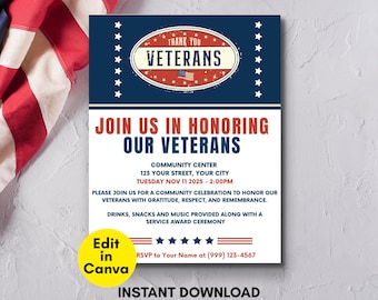 Veterans Day flyer editable, Veterans Day Invitation, Veteran appreciation