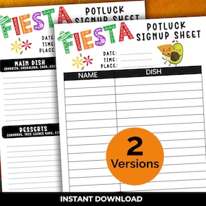 Puede incluir: Dos hojas imprimibles de registro para un potluck de fiesta con un tema de fiesta colorido. Las hojas incluyen secciones para la fecha, la hora, el lugar, el nombre y el plato. Las hojas también incluyen una divertida ilustración de aguacate y tortilla.