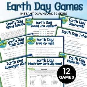 Könnte beinhalten: Eine Sammlung von 12 Spielen zum Earth Day, darunter Wortsuchrätsel, Quiz und Rätsel. Sofortiger Download in zwei Größen. Die Titel sind in Blau- und Grüntönen gehalten, mit dem Wort "Earth Day" prominent dargestellt.