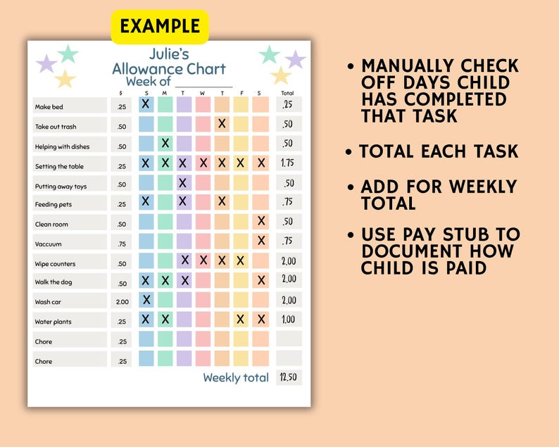 Allowance Part List Example Allowance Chart Kids Editable, Allowance Tracker for Kids, Reward Bucks ...