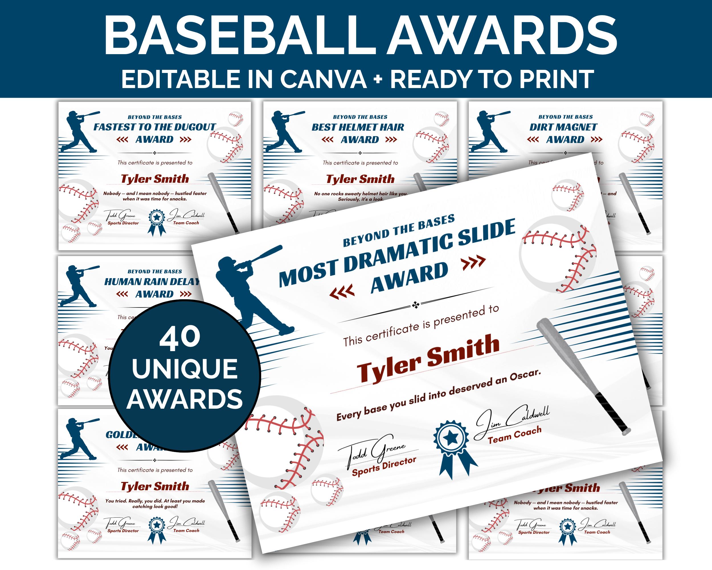 Funny baseball awards, Baseball certificate, funny team awards, funny softball awards, Baseball end of season awards, Baseball award