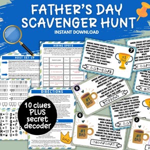Fathers Day scavenger hunt, Indoor treasure hunt, Fathers Day activity, Adult scavenger hunt, Scavenger hunt clues