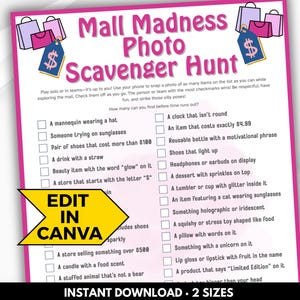 Mall scavenger hunt birthday kids, tween scavenger hunt, teen scavenger hunt, Indoor treasure hunt, Mall birthday, Canva editable printable