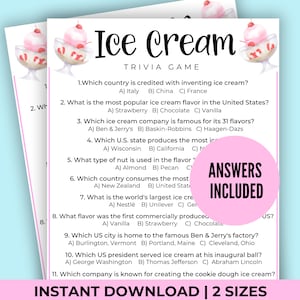 Ice Cream Trivia Printable Ice Cream Party Game Summer Activities for Kids Birthday Pool Party Ice Cream Theme Ice Cream Social