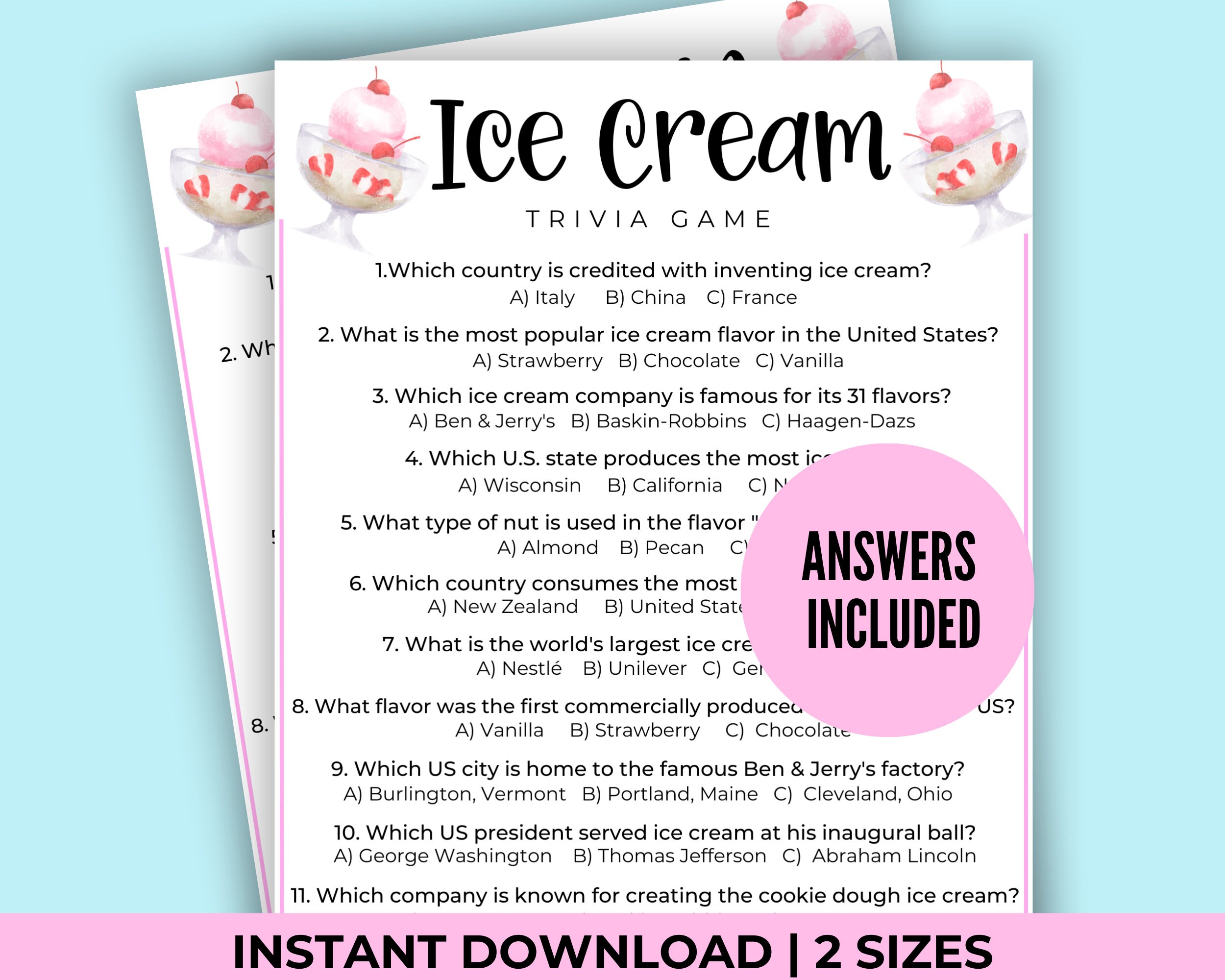 Ice Cream Trivia Printable Ice Cream Party Game Summer Activities for
