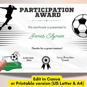 Soccer certificate, soccer participation certificate, soccer awards, soccer certificates, end of season soccer awards