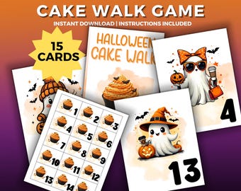Może przedstawiać: Zestaw kart do gry o tematyce Halloween. Karty zawierają ilustracje duchów, dyni i babeczek. Tekst na kartach brzmi "CAKE WALK GAME" i "HALLOWEEN CAKE WALK". Karty są ponumerowane i zawierają tekst "15 CARDS".