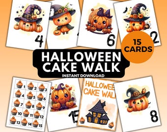 Może przedstawiać: Zestaw kart o tematyce Halloween z kreskówkowymi dyniami w czapce czarownicy. Karty są ponumerowane i zawierają tekst "Halloween Cake Walk" i "Instant Download". Zestaw zawiera 15 kart.