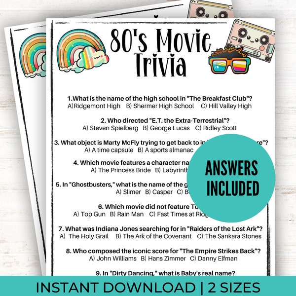 80s Movie Trivia | 1980's Movie Trivia Game | Pub Quiz | Adult Party Games | 80s Trivia Game