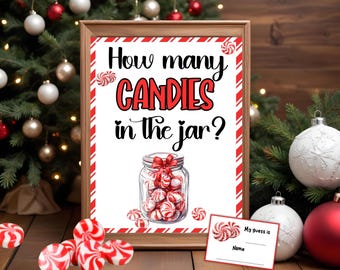 Christmas Guess How Many sign, How many Christmas candies, How many in jar guessing game, xmas candy game, Christmas candy jar