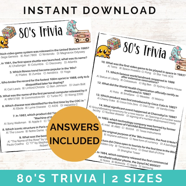 80's Trivia Game | Decades trivia | 1980's Party Game | 80s Games | 1980 Games Printable