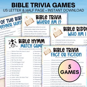 May include: A set of five printable Bible trivia games including Bible Trivia Where Am I, Bible Riddles Who Am I, Bible Hymn Match Game, Bible Trivia Fact or Fiction, and Books of the Bible Scavenger Hunt, featuring US letter and half page sizes.