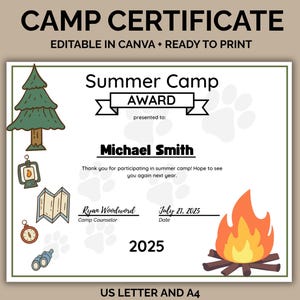 Camp certificates, summer camp awards, editable certificate, summer camp awards, Camp participation certificate