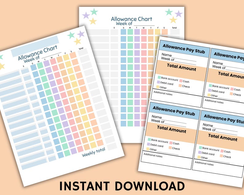 Allowance Chart Kids Editable, Allowance Tracker for Kids, Reward Bucks ...