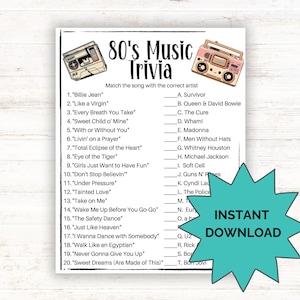 May include: A printable 80's music trivia game with a list of 20 songs and a corresponding list of artists. The game features a retro cassette player and a boombox graphic.