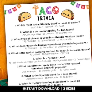 Taco trivia, Mexican party games, Taco party games, Fiesta games, Fiesta trivia games, Cinco de Mayo games, Mexican food trivia