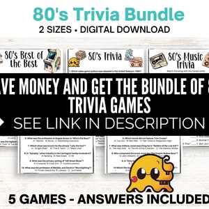 May include: A digital download bundle of five 80's trivia games. The games feature a variety of topics, including music, movies, and pop culture. The bundle includes answers. "Save money and get the bundle of 80's trivia games. See link in description."