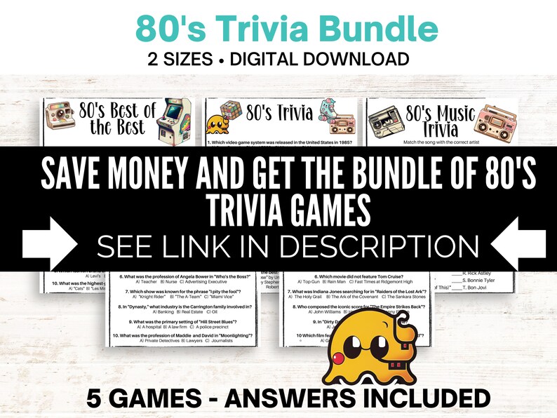 May include: A digital download bundle of five 80's trivia games. The games feature a variety of topics, including music, movies, and pop culture. The bundle includes answers. "Save money and get the bundle of 80's trivia games. See link in description."