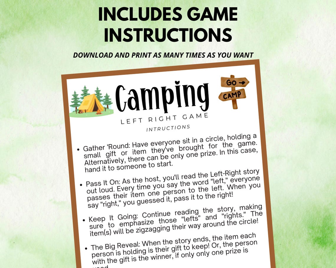 Camping Left Right Game Printable, Camping Printable Activity, Pass the ...