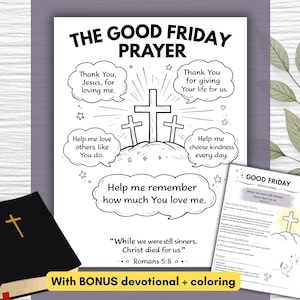 May include: A black and white coloring page titled "THE GOOD FRIDAY PRAYER" with three crosses and text bubbles containing prayers. A black book with a gold cross and a bonus devotional are also included.