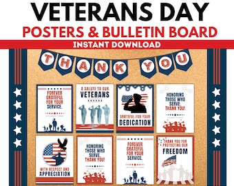 May include: A bulletin board display for Veterans Day, featuring posters with patriotic themes. The posters include text such as "Thank You," "Forever Grateful," and "A Salute to Our Veterans." The display is decorated with a banner and star accents.