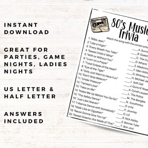 May include: A printable 80's music trivia game with a cassette tape and boombox graphic. The game includes 20 questions matching songs to artists, such as "Billie Jean" by Michael Jackson and "Every Breath You Take" by The Police.