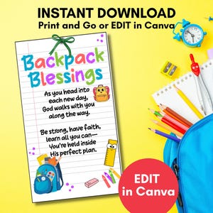 Backpack blessing tag, EDITABLE Bless this backpack, Christian school backpack prayer tag