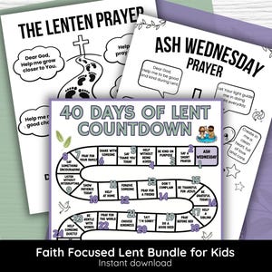 Op de afbeelding: Een bundel met printbare, op geloof gerichte vastenactiviteiten voor kinderen. De bundel bevat een "40 Dagen Vasten Countdown" spel, "Het Vasten Gebed" en "Aswoensdag Gebed" vellen. De tekst onderaan luidt "Faith Focused Lent Bundle for Kids" en "Instant download".