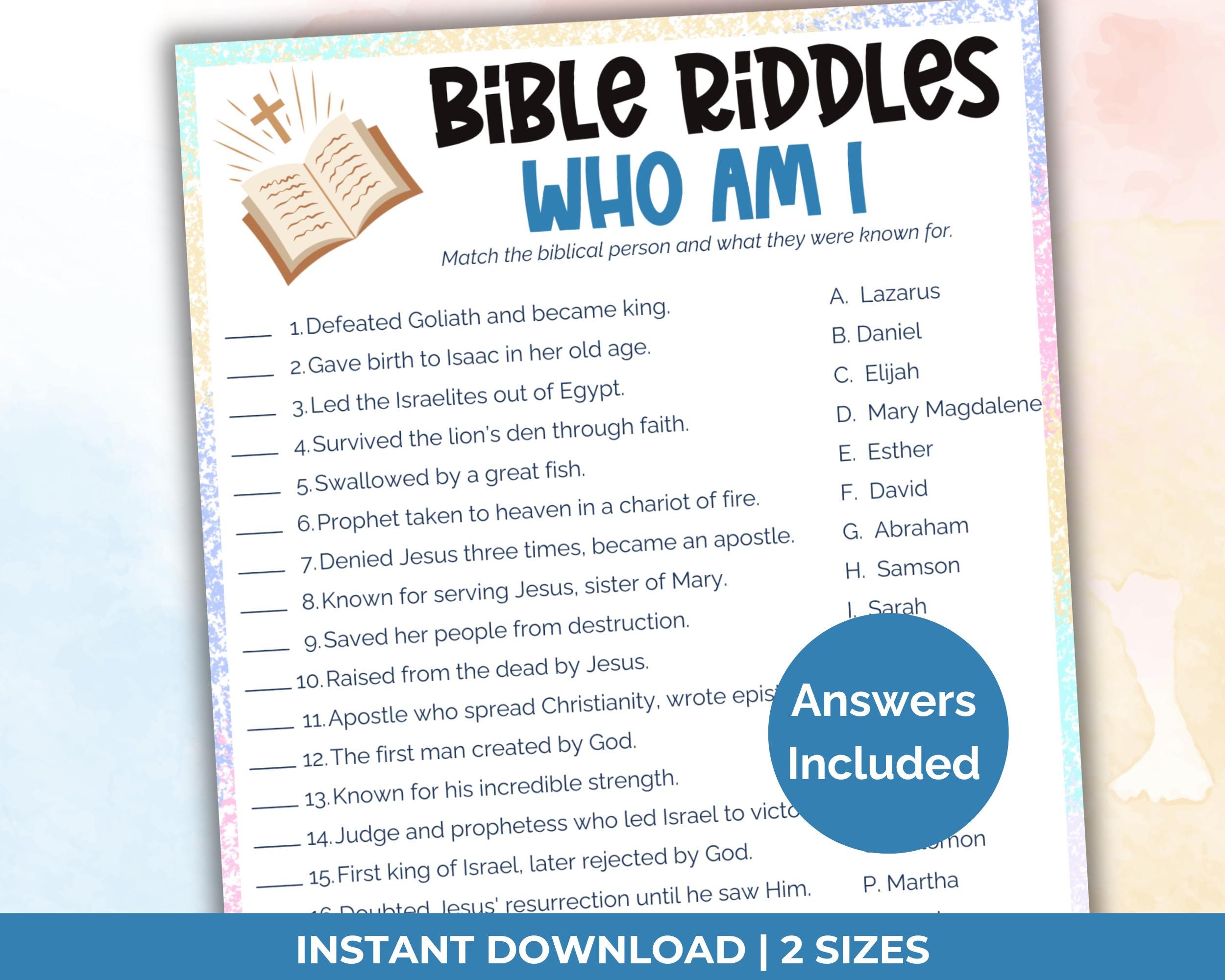 Bible Riddles Who am I Bible Game, Bible Trivia, Biblical characters, Bible Games for Kids Bible Study Games, Womens Ministry Games