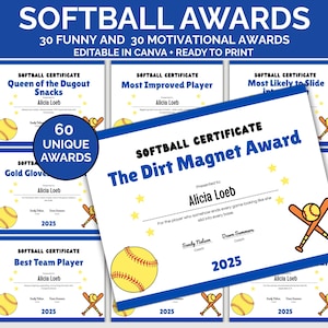 Funny softball awards, Softball superlatives, Softball certificate, Softball team awards, Softball end of season awards, Softball award