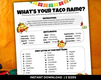 Whats Your Taco Name Game, Fiesta game, Mexican party games, Taco name generator game, Cinco de Mayo game, Taco games