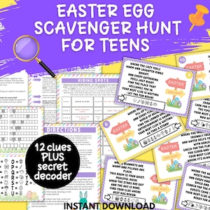 Easter egg scavenger hunt for teens, Teen easter hunt, Easter Treasure hunt teens, Easter hunt teens, Easter clue cards