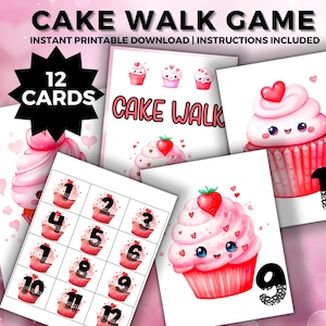 Op de afbeelding: Een printbaar cake walk-spel met 12 kaarten met schattige cupcake-illustraties. De kaarten zijn genummerd van 1 tot 12 en hebben een roze en rode kleurstelling. De tekst "CAKE WALK GAME" en "12 CARDS" is op de kaarten opgenomen.