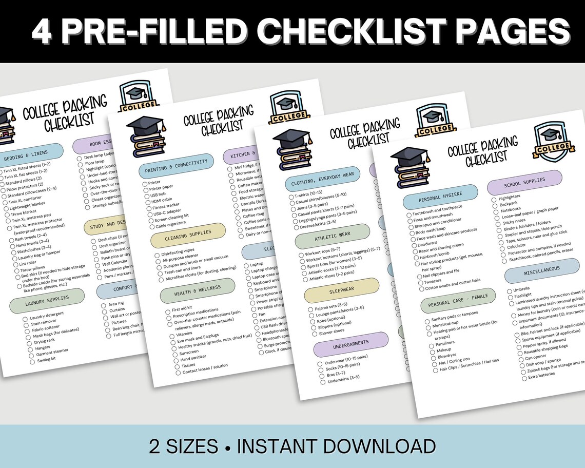 College Packing List Printable College Dorm Essentials Packing List for ...