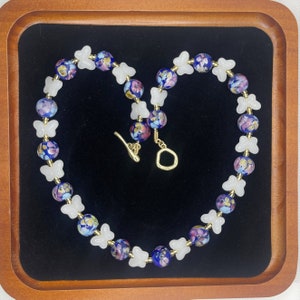 Flower Beads and Butterflies Necklace, Vintage Venetian Wedding Cake Glass Bead Necklace, Millefiori Glass Beads Jewelry