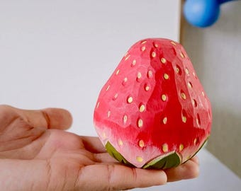 Wooden Strawberry Figurine/ Hand Engraving Fruit Sculpture/ Handcrafted Wood Strawberry Statue Decor for Car, Office, Tabletop