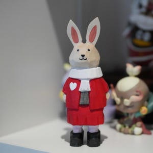 Merry Christmas Wooden Rabbit Figurine/ Hand Engraving Animal Ornament Sculpture/ Handcrafted Wood Rabbit Statue Decor for Office, Tabletop
