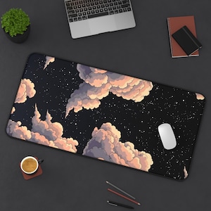 Pastel Mouse Pad, Black Desk Mat, Kawaii Mouse Pad, Sky Desk Pad, Aesthetic Mousepad, Cute Desk Decor, Clouds Deskmat,