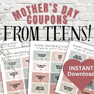 Modèle de coupon MODIFIABLE pour adolescents, coupons fête des mères, livre de coupons imprimable à télécharger, cadeau pour elle, cadeau d&#39;anniversaire pour maman, fête des mères