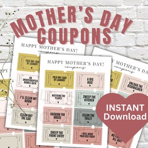 Modèle de coupon MODIFIABLE, coupons fête des mères des enfants, livre de coupons imprimable à télécharger, cadeau pour elle, cadeau d&#39;anniversaire pour maman, fête des mères