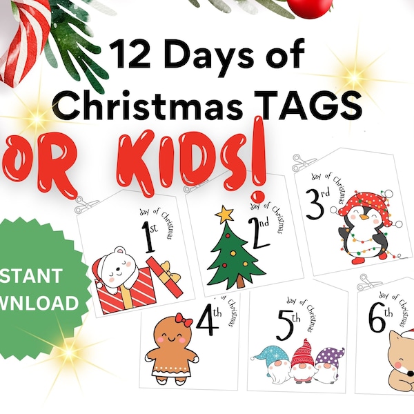 12 Days of Christmas Printable Tags, Gift Tags for Kids, Instant Download, Christmas Tags, Christmas Gift Tags for Kids, Christmas Download,