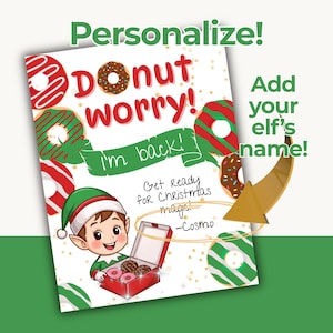 May include: A whimsical illustration featuring a smiling elf holding a box of donuts. The text reads "Donut worry! I'm back!" and "Get ready for Christmas magic!" with an arrow pointing to "Add your elf's name!"