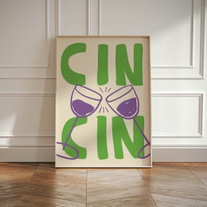 Cin Cin プリント、ワイングラス乾杯ポスター、キッチンウォールアート、バーカート装飾、カクテルプリント、ヴィンテージドリンクポスター、CinCin ポスター、コンテンポラリー