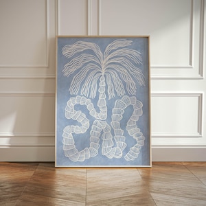 Druk z palmami, abstrakcyjna sztuka ścienna z palmami, neutralna estetyka, galeria sztuki Wabi Sabi, styl japoński, boho, wydruk z palmami plażowymi