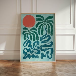 Impression palmier, art mural abstrait palmiers neutre, galerie côtière Art déco Wabi Sabi Style Japandi, impression palmiers bohèmes, tropical