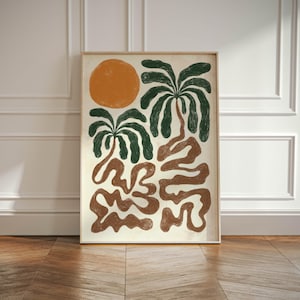 Wydruk z palmą, abstrakcyjna sztuka ścienna z palmami, neutralna, galeria przybrzeżna Wabi Sabi Art Decor w stylu japońskim, wydruk z palmami plażowymi Boho, tropikalny