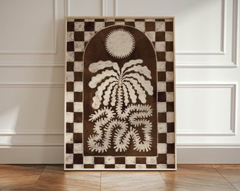 Checkered Palm Tree Print, Palm Trees Abstract Wall Art Neutral, Gallery Wabi Sabi Art Decor Japandi Style, Boho Beach Palms Print, Tropical