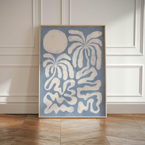 Wydruk z palmą, abstrakcyjna sztuka ścienna z palmami, neutralna, galeria przybrzeżna Wabi Sabi Art Decor w stylu japońskim, wydruk z palmami plażowymi Boho, tropikalny
