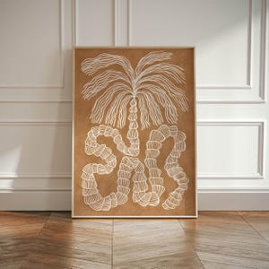 Druk z palmami, abstrakcyjna sztuka ścienna z palmami, neutralna estetyka, galeria sztuki Wabi Sabi, styl japoński, boho, wydruk z palmami plażowymi
